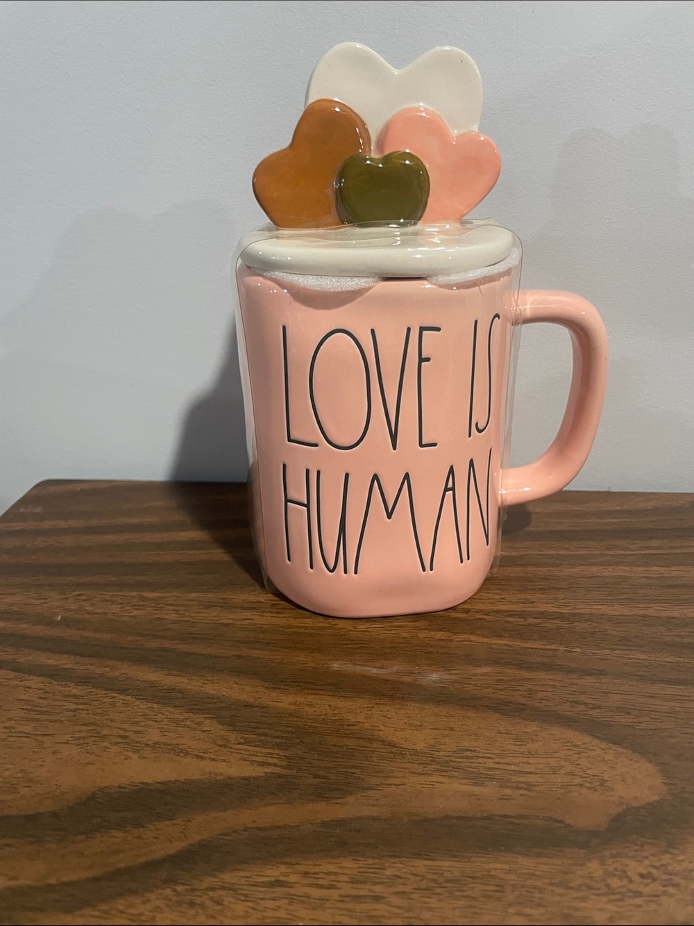 Rae Dunn Pink "LOVE IS HUMAN" Heart Lid Ceramic Mug